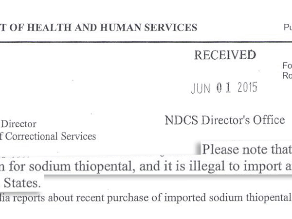 Letter to Nebraska saying lethal injection drugs cannot be imported.