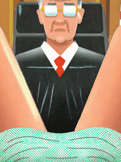 Image of judge looking between a woman's legs.