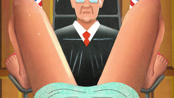 Image of judge looking between a woman's legs.