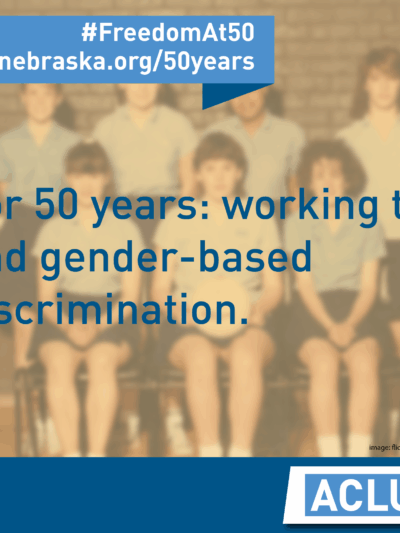 TEXT: For 50 years: working to end gender-based discrimination.