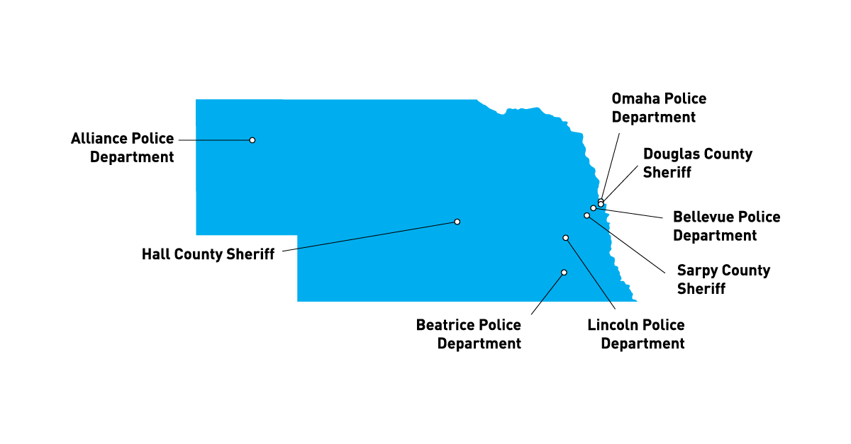 Map of Nebraska with Law Enforcement Agencies meeting DOJ civilian complaint procedures.