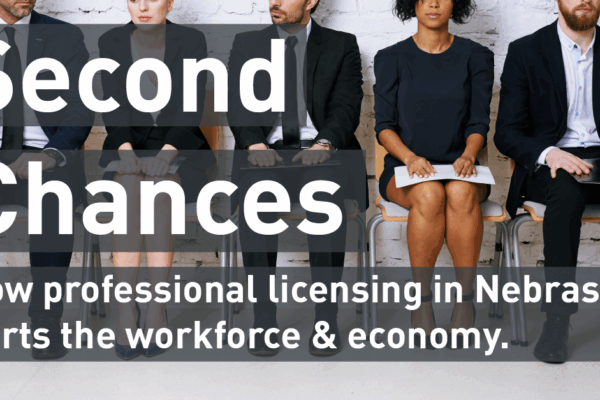 Image of individuals waiting for a job interview with text "Second Chances: How professional licensing in Nebraska hasurts the workforce & economy."