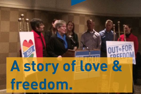 Photo of a press conference with text: a story of love & freedom