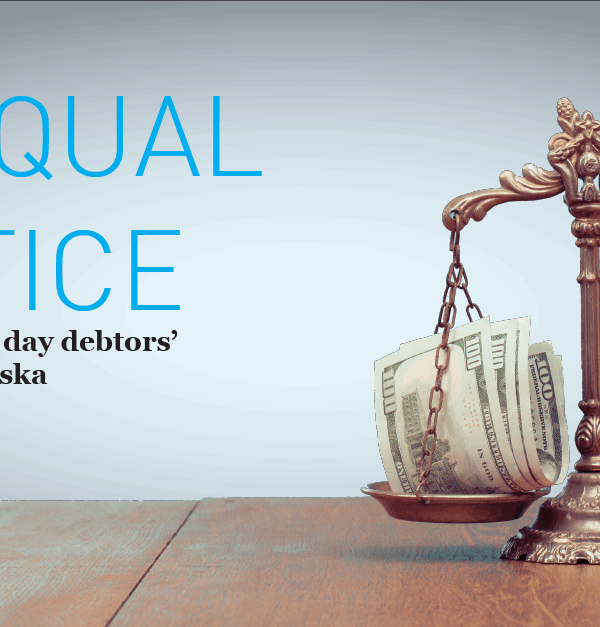 A justice scale holding money with the text: unequal justice bail and modern day debtors' prisons in Nebraska