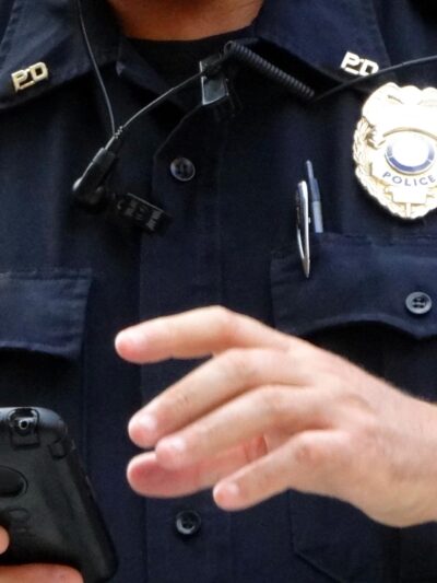 Law enforcement officer with a cell phone