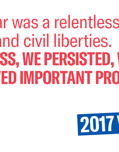 Text: The last year was a relentless attack on civil rights and civil liberties. Nevertheless, we persisted, we resisted, & we achieved important progress. Thank you.