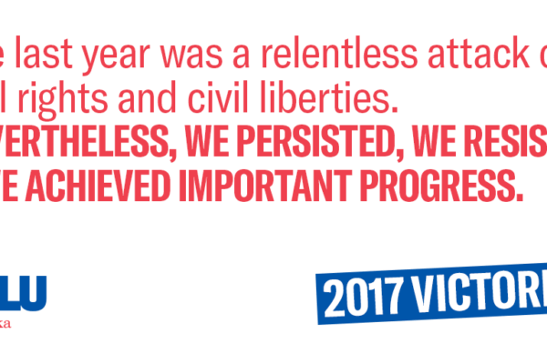 Text: The last year was a relentless attack on civil rights and civil liberties. Nevertheless, we persisted, we resisted, & we achieved important progress. Thank you.