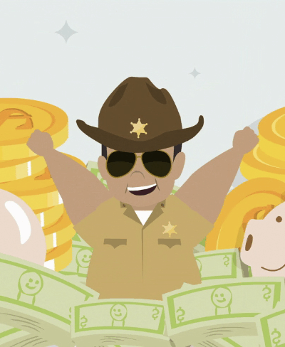 Screen capture from an animimated ad of a sheriff swimming in money
