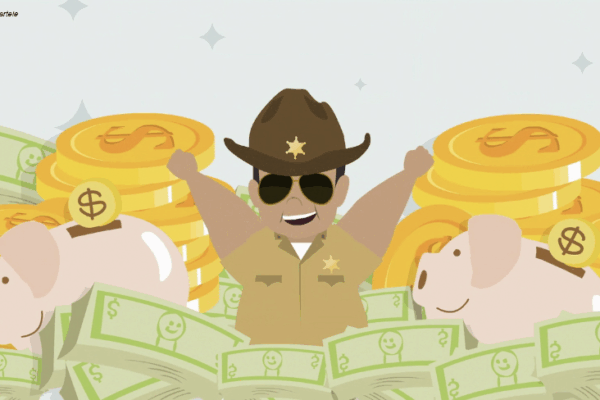 Screen capture from an animimated ad of a sheriff swimming in money