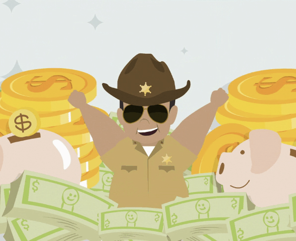 Screen capture from an animimated ad of a sheriff swimming in money