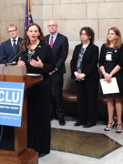 ACLU of Nebraska’s Danielle Conrad announced the lawsuit against the Dept. of Correctional Services last year.  photo credit: Nebraska Radio Network