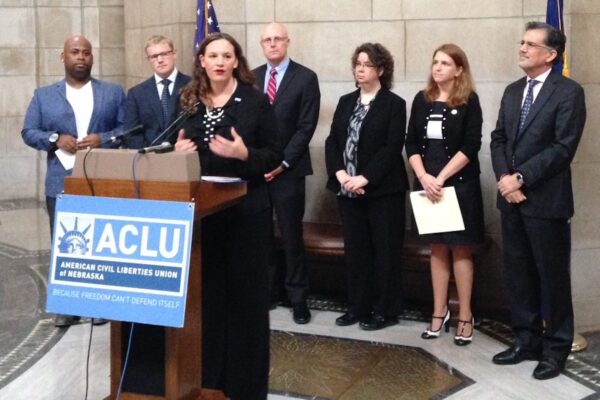 ACLU of Nebraska’s Danielle Conrad announced the lawsuit against the Dept. of Correctional Services last year.  photo credit: Nebraska Radio Network