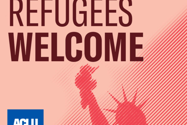 An image showing the Statue of Liberty, reading "Refugees Welcome"