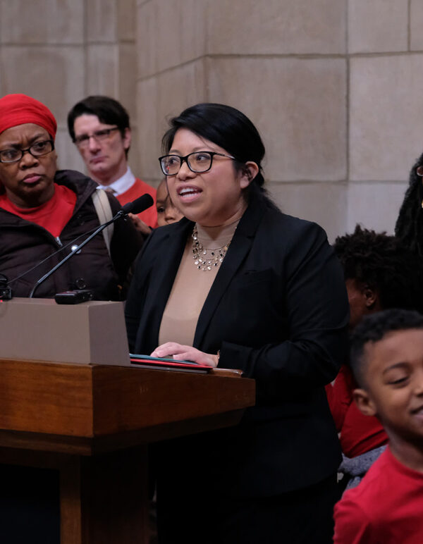 Rose Godinez, legal and policy counsel at the ACLU of Nebraska, speaks at a press conference.