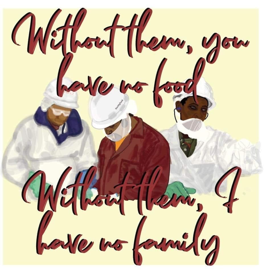 A digital painting showing essential workers, reading