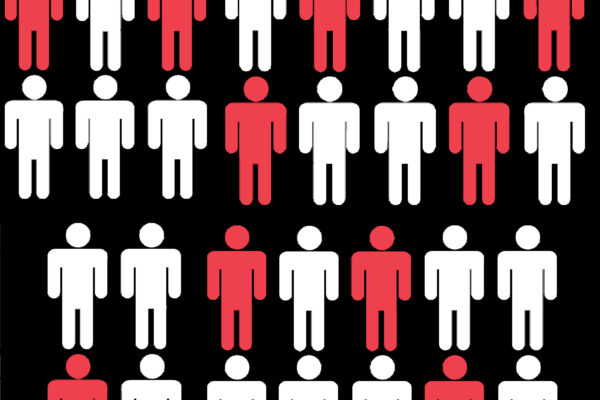 Graphic shows 30 stick figures. 10 are red, 20 are white in front of a black background.