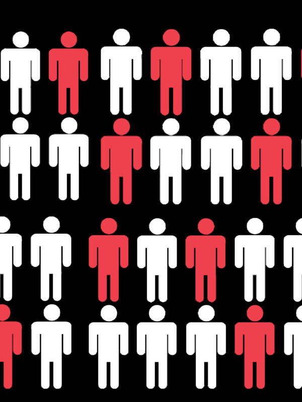 Graphic shows 30 stick figures. 10 are red, 20 are white in front of a black background.