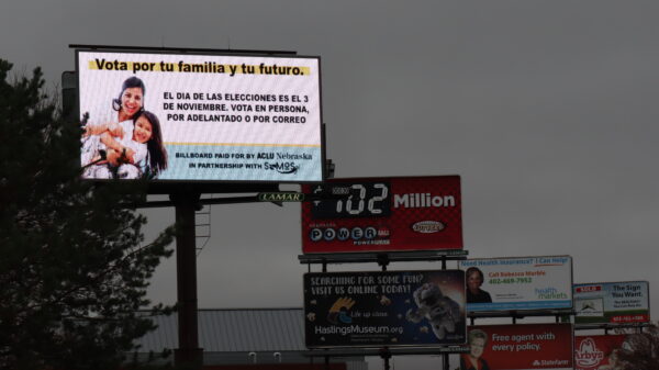 A billboard in Hastings, Nebraska encourages readers to be voters.