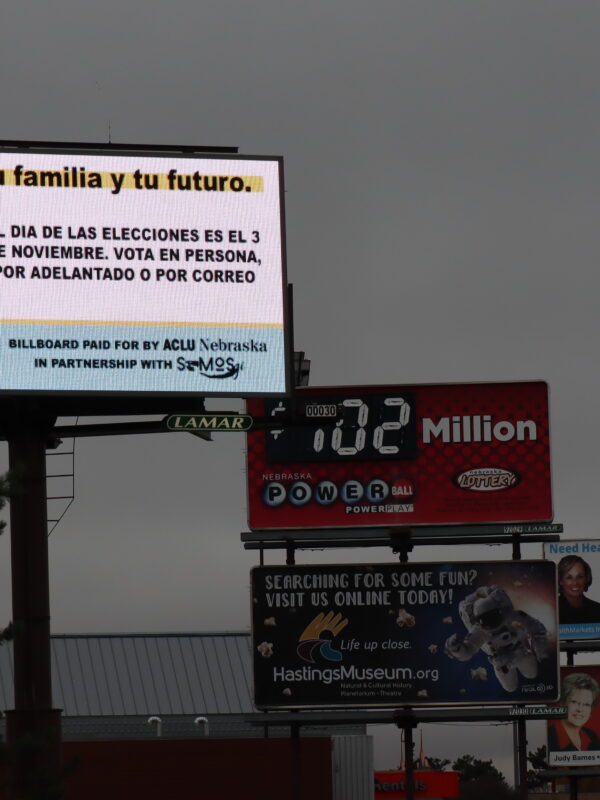 A billboard in Hastings, Nebraska encourages readers to be voters.