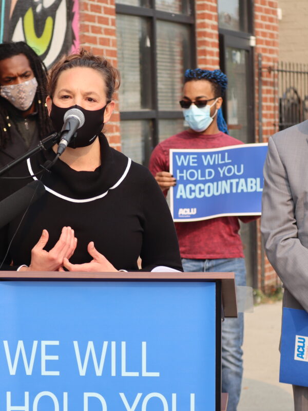 ACLU of Nebraska Executive Director Danielle Conrad speaks at a press conference.