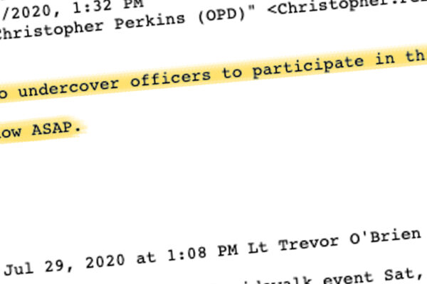 An excerpt of a highlighted email reading "I need two undercover officers to participate in this event"