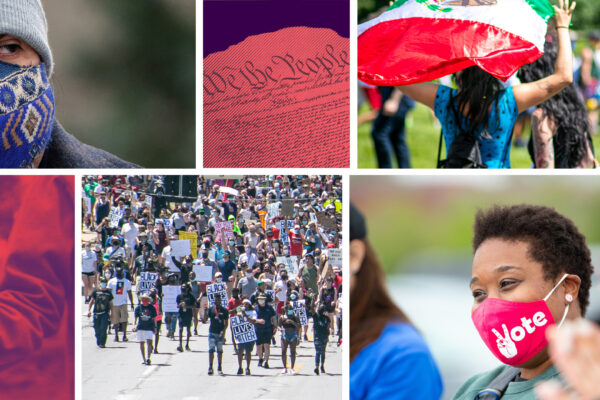 A mural of photographs and graphics depicting people protesting, celebrating and encouraging voting.