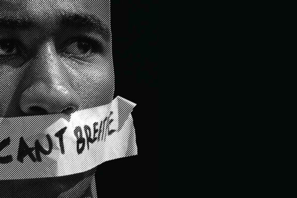A stylized photo of a man with tape over his mouth reading "I Can't Breathe"