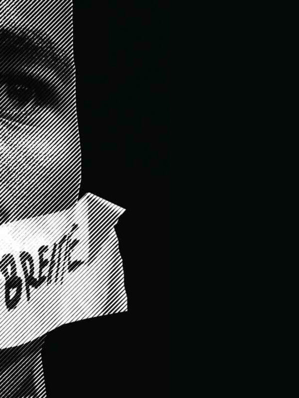 A stylized photo of a man with tape over his mouth reading "I Can't Breathe"