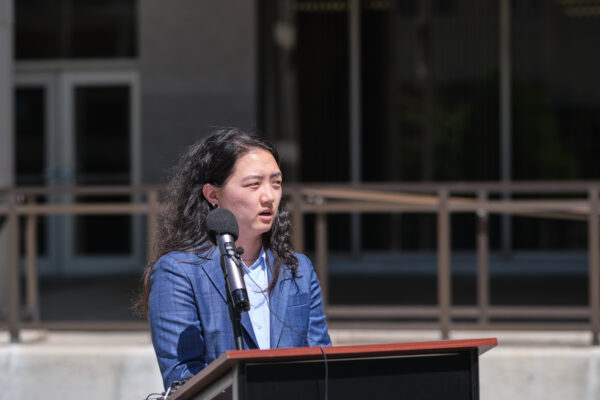 ACLU of Nebraska attorney Jane Seu speaks at a press conference announcing a lawsuit challenging Nebraska's unconstitutional multicounty distribution requirement.