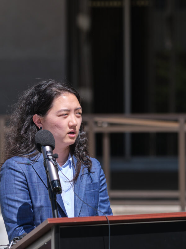 ACLU of Nebraska attorney Jane Seu speaks at a press conference announcing a lawsuit challenging Nebraska's unconstitutional multicounty distribution requirement.
