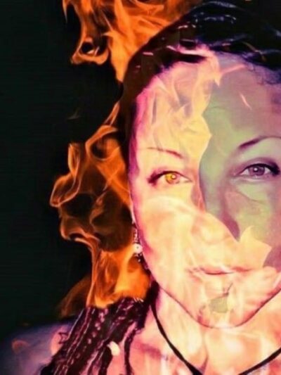 An artistic image of Nature Medicine Song Villegas, showing her face superimposed over flames.