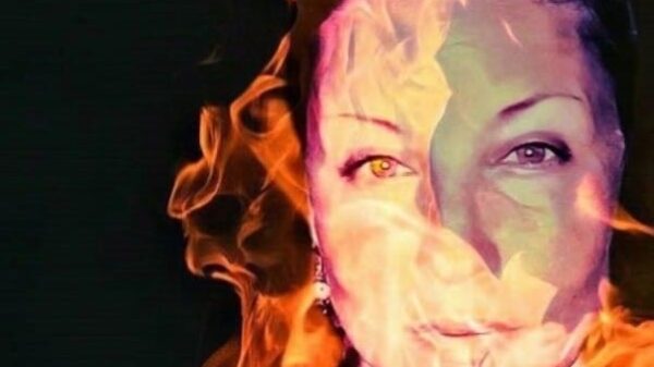 An artistic image of Nature Medicine Song Villegas, showing her face superimposed over flames.