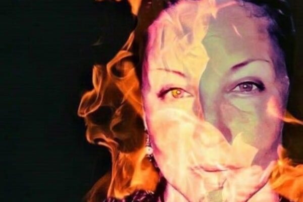 An artistic image of Nature Medicine Song Villegas, showing her face superimposed over flames.