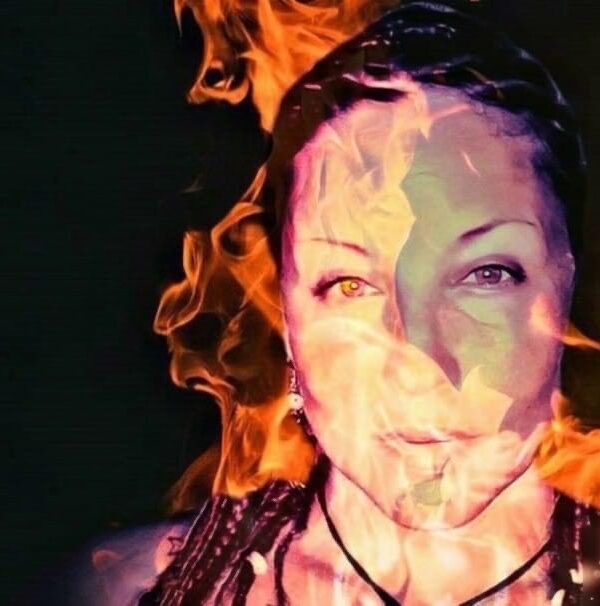 An artistic image of Nature Medicine Song Villegas, showing her face superimposed over flames.