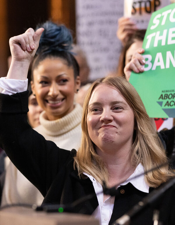 Senator Megan Hunt and advocates, including the ACLU of Nebraska, rally against abortion ban LB 626.