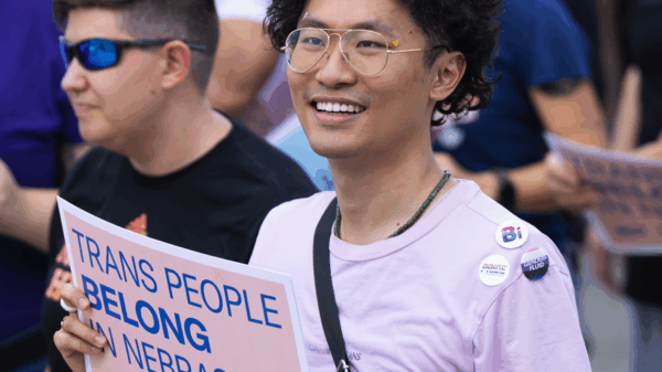 A Nebraskan holds a sign reading "Trans people belong in Nebraska" at a rally outside the Nebraska State Capitol. Photo by Rebecca Gratz for the ACLU of Nebraska.