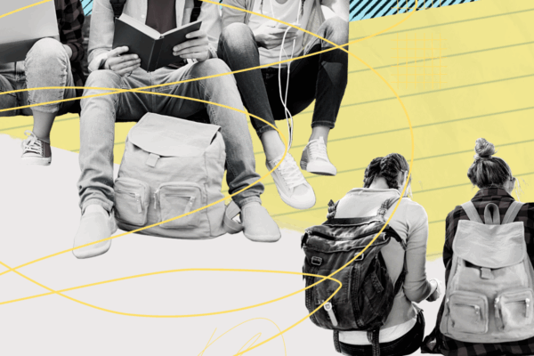 A stylized graphic shows a group of students.