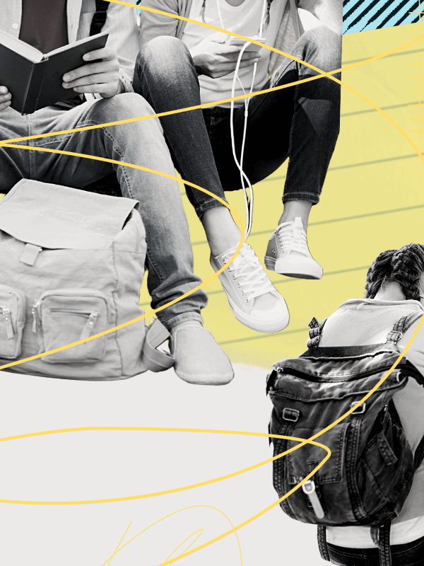 A stylized graphic shows a group of students.