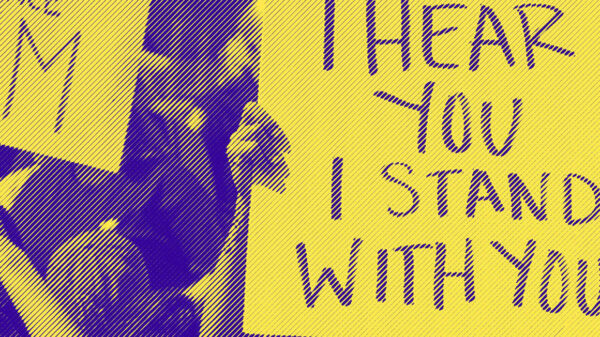 A stylized photo shows protesters holding messages, including one that says "Silence supports violence BLM" and another that reads "I see you, I hear you, I stand with you."