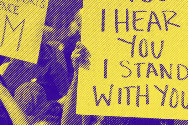 A stylized photo shows protesters holding messages, including one that says "Silence supports violence BLM" and another that reads "I see you, I hear you, I stand with you."