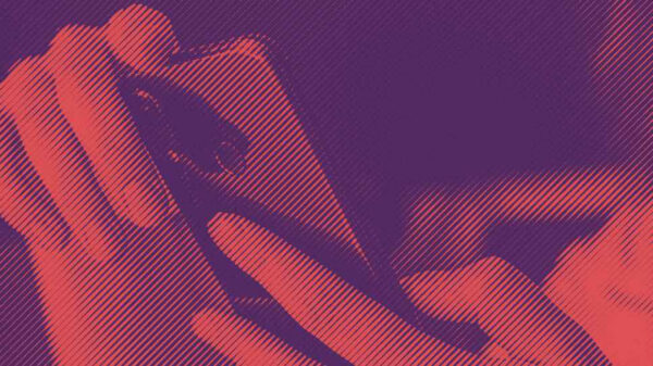 A stylized graphic shows hands holding a smartphone.