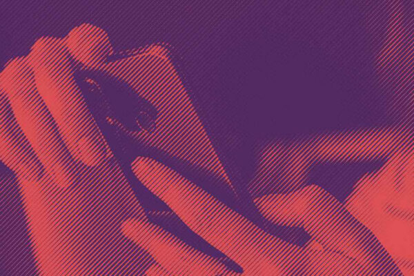 A stylized graphic shows hands holding a smartphone.