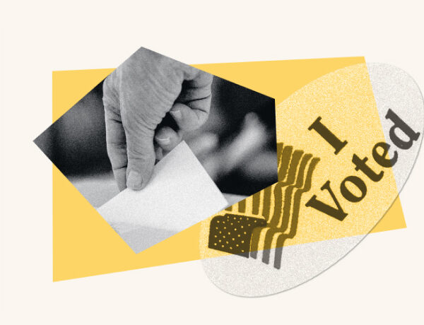 A hand holds a ballot next to a sticker reading "I voted."