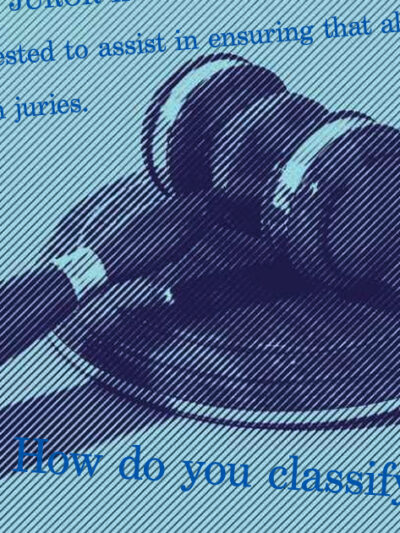 A stylized graphic shows a gavel, the ACLU logo, and excerpts from the juror qualification form.