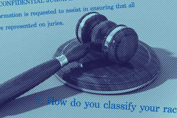 A stylized graphic shows a gavel, the ACLU logo, and excerpts from the juror qualification form.