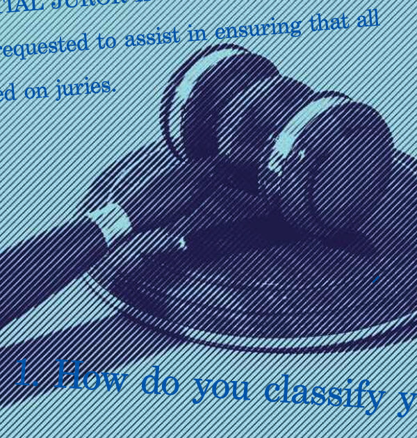 A stylized graphic shows a gavel, the ACLU logo, and excerpts from the juror qualification form.