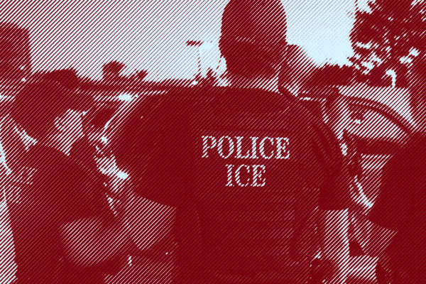 ICE agents talk to each other. One is wearing a vest reading "POLICE ICE"