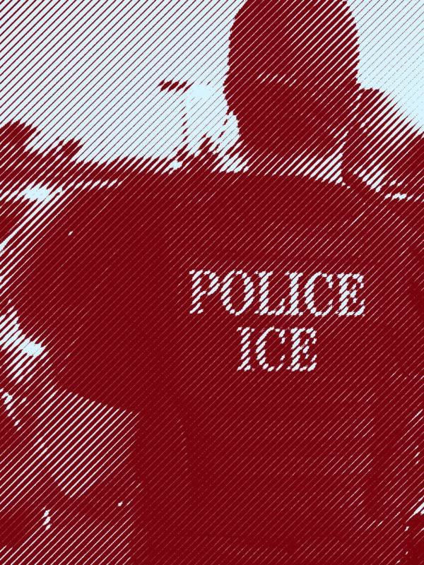 ICE agents talk to each other. One is wearing a vest reading "POLICE ICE"