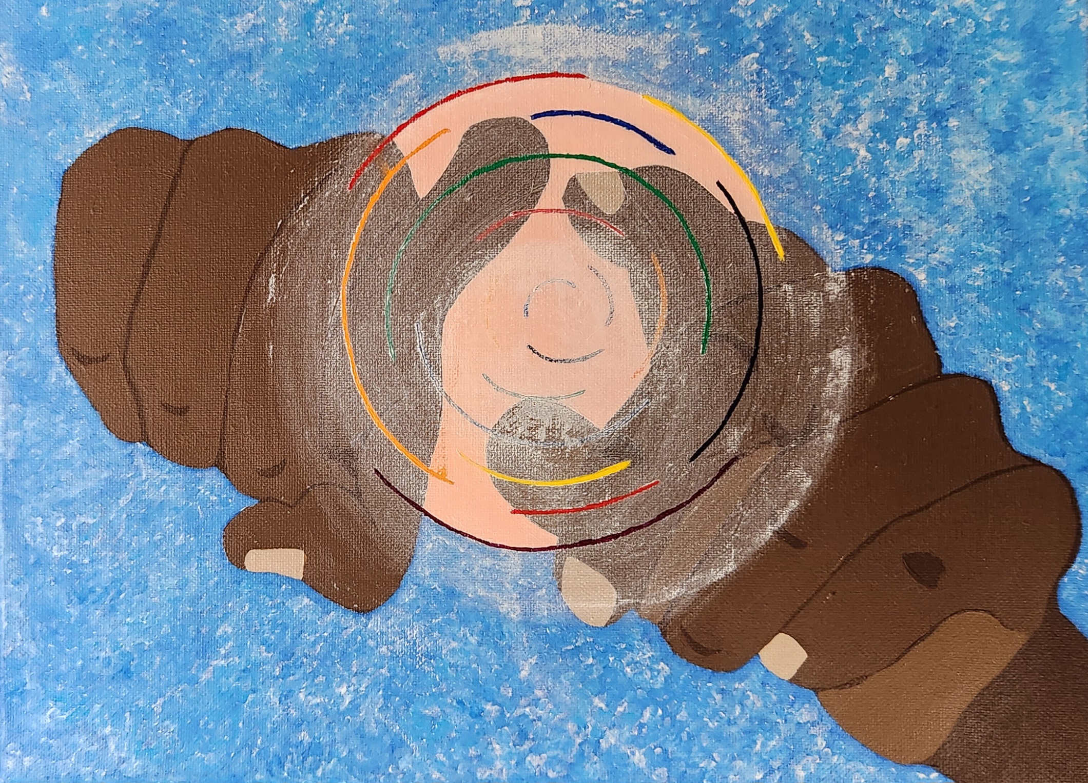A painting showing a swirl of colors and two Black hands against a blue background.