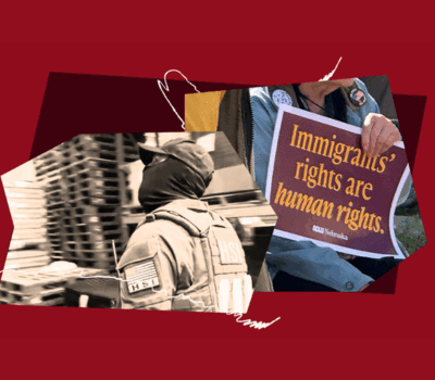 Collage depicting masks ICE agents and a person holding a sign reading "Immigrants Rights are Human Rights"